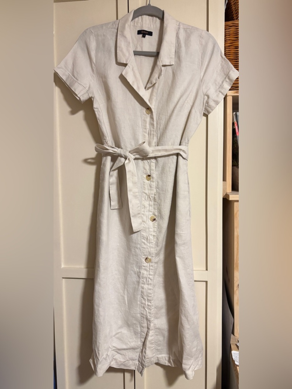 Quince Cream Button-Front Midi Linen Dress with Tie Waist